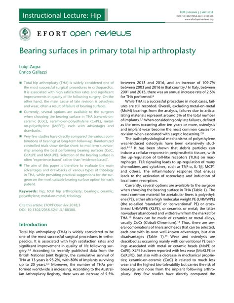 Bearing surfaces in primary total hip arthroplasty .